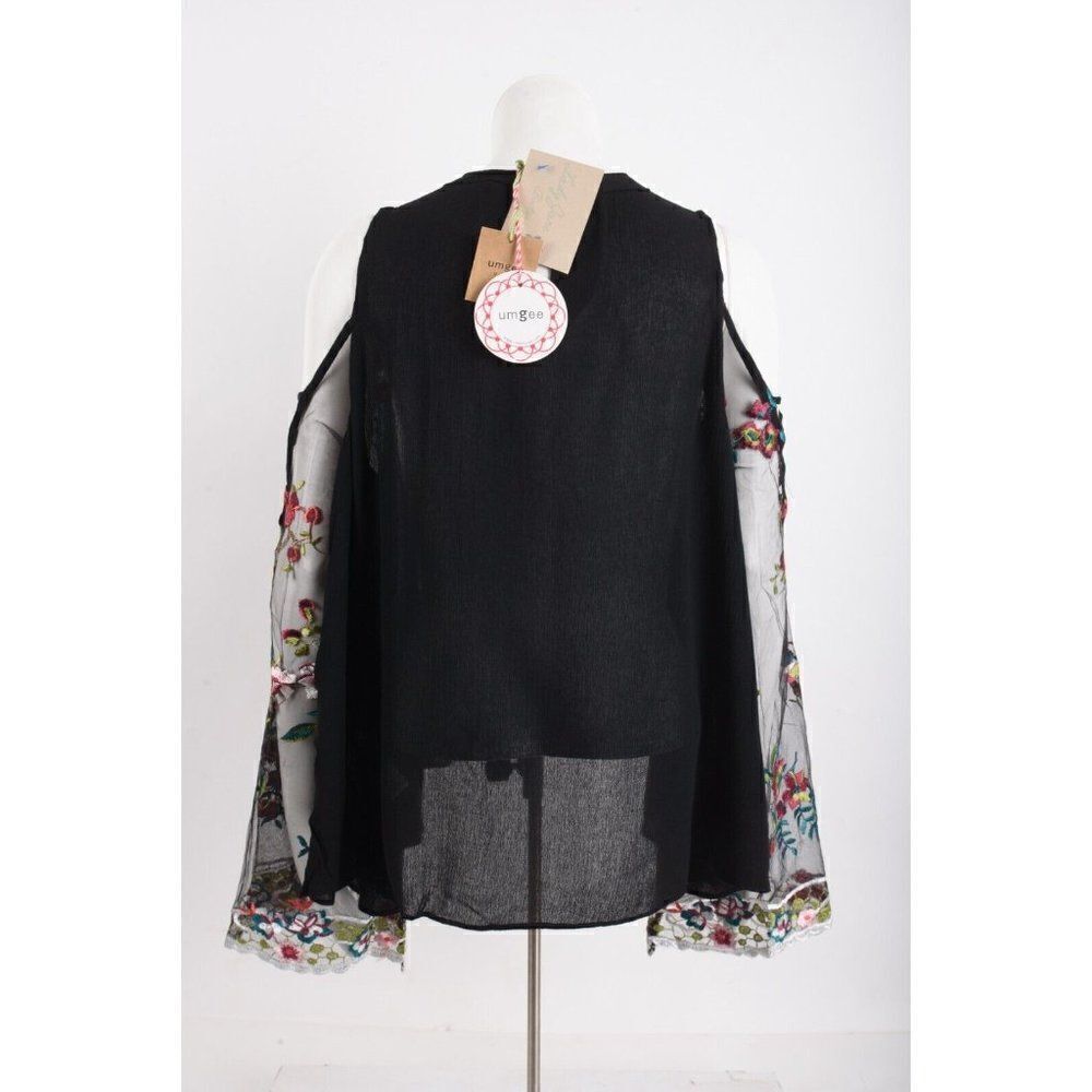 Umgee Womens Embroidered Shirt Blouse S Black Sheer Flared Long Sleeve NWT - Picture 5 of 6